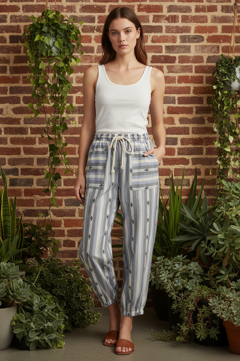 Model wearing cactus stripe jogger pants with white tank top in front of brick wall with greenery