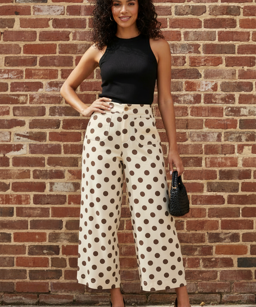 Model wearing black polka dot wide-leg pants in front of brick wall