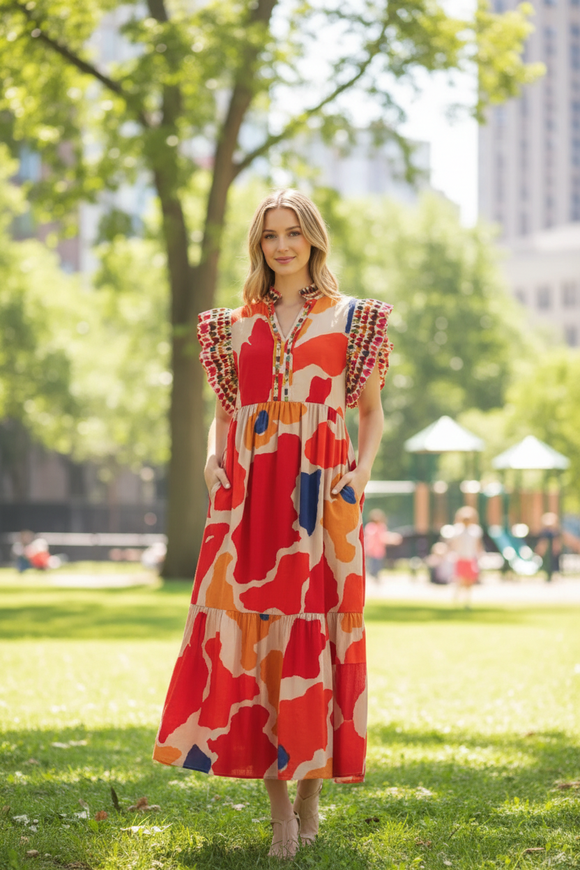 Blonde model wearing geo print midi dress in park with children