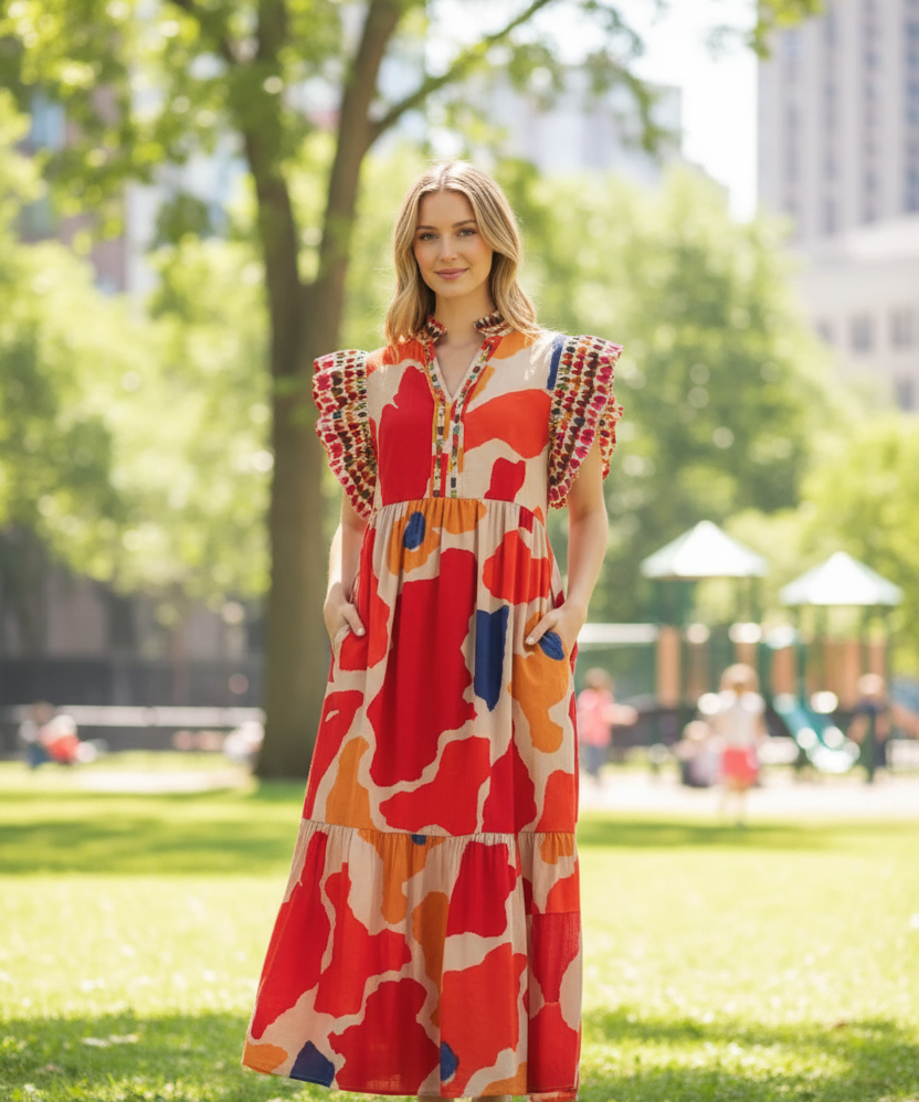 Blonde model wearing geo print midi dress in park with children