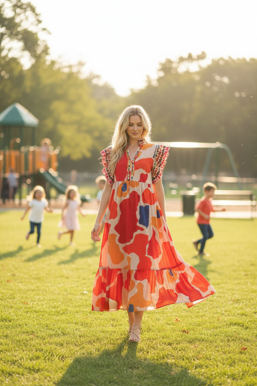 Blonde model walking in geo print midi dress in park with children
