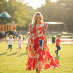 Blonde model walking in geo print midi dress in park with children