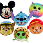 A set of six colorful plush character toys arranged on a plain white background, including Mickey Mouse, Stitch, a rainbow cat, a brown dog in a blue cap, a green turtle in a leopard-print shell, and an orange bear in a red hat.