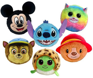 A set of six colorful plush character toys arranged on a plain white background, including Mickey Mouse, Stitch, a rainbow cat, a brown dog in a blue cap, a green turtle in a leopard-print shell, and an orange bear in a red hat.