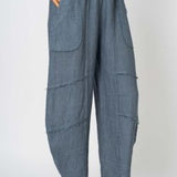 Blue denim pants worn by a person on a white background