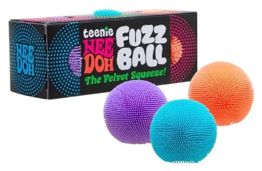 Nee Doh Fuzz Ball packaging with three colorful balls on a white background