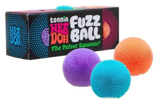 Nee Doh Fuzz Ball packaging with three colorful balls on a white background