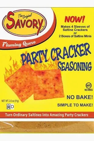 Savory Flaming Queso Party Cracker Seasoning packaging on a white background