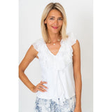 Woman wearing a white ruffled blouse against a plain background