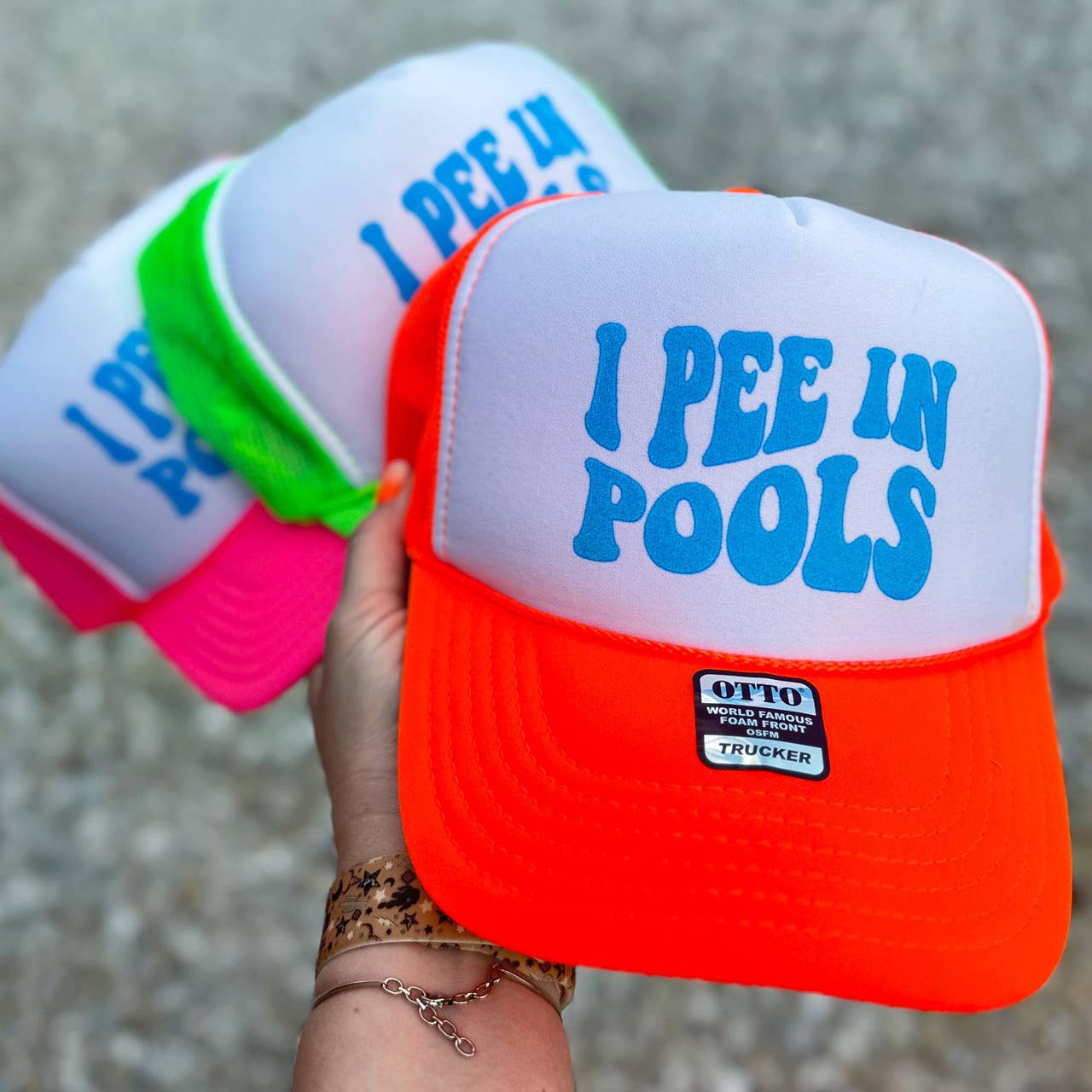 I Pee In Pools Neon Foam Trucker Hat orang/blue