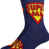 Blue socks with 'Super Dad' logo on a white background