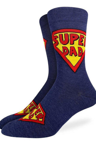 Blue socks with 'Super Dad' logo on a white background