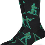 Black socks with green soldier patterns on a white background