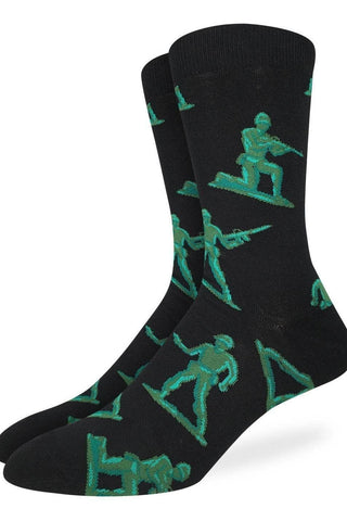 Black socks with green soldier patterns on a white background