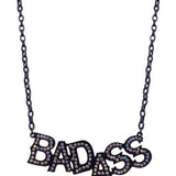 Necklace with 'BADASS' pendant on a chain against a white background