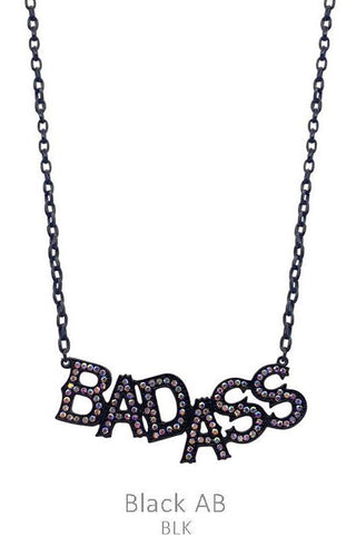 Necklace with 'BADASS' pendant on a chain against a white background