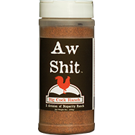 Spice container labeled 'Aw Shit' with a red label and brown spice mix.