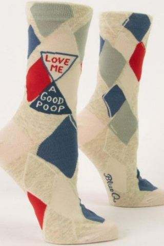 Beige argyle socks with red, blue, and gray pattern on a white background