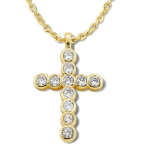 Gold cross necklace with diamonds on a white background