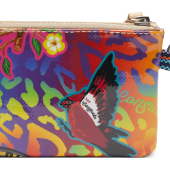 Colorful pouch with a bird design on a multicolored background