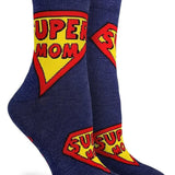 Navy blue socks with Superman-style logo and 'Super Mom' text on a white background
