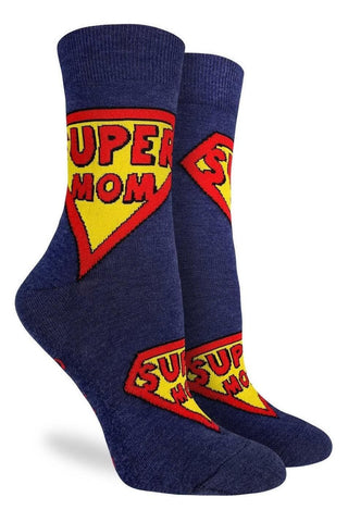Navy blue socks with Superman-style logo and 'Super Mom' text on a white background