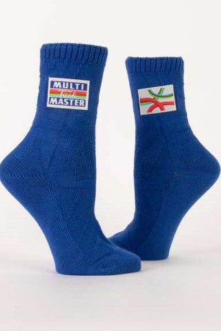 Pair of blue socks with labels on a white background