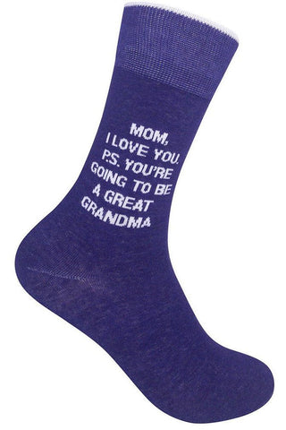 Blue sock with white text on a white background