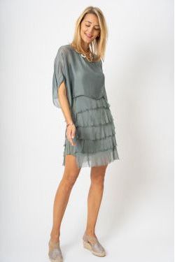 X MADE IN ITALY SILK RUFFLE DRESS W/SLEEVE~ 64887