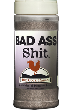 Spice container labeled 'Bad Ass Shit' from Big Cock Ranch on a white background