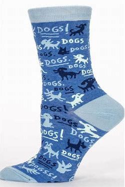 Blue socks with dog patterns and 'dogs!' text on a white background